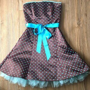 Jessica McClintock For Gunne Sax Chocolate Brown And Blue Strapless Mini Dress